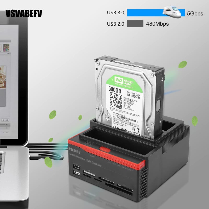 VSVABEFV IDE Hard Drive HDD Docking Station Hard Drive Dock Reader, 2.5 and 3.5 Inch External Hard Drive Enclosure, External HDD Hard Drive Card Reader USB 3.0 Hub, USB 3.0 to 2 SATA Ports 1 IDE Port - Image 4
